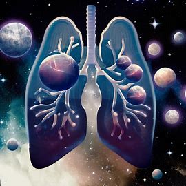 Design a surreal image of a pair of lungs floating in space, surrounded by stars and planets, to emphasize their role as the life-supporting organ.. Image 2 of 4