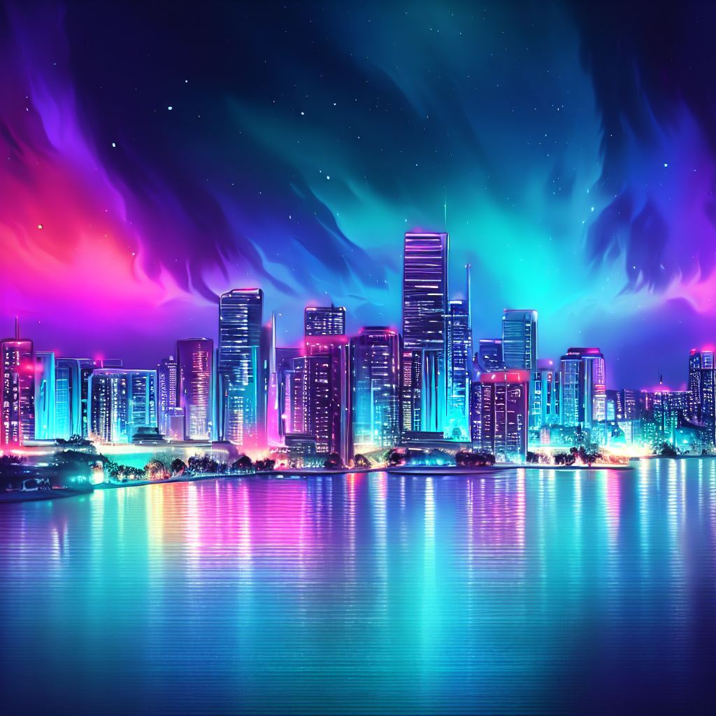 Illustrate a breathtaking, neon-lit nighttime view of the Miami skyline