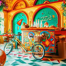 A beautiful and colorful pizza parlor with a delivery bike and bags of pizza.