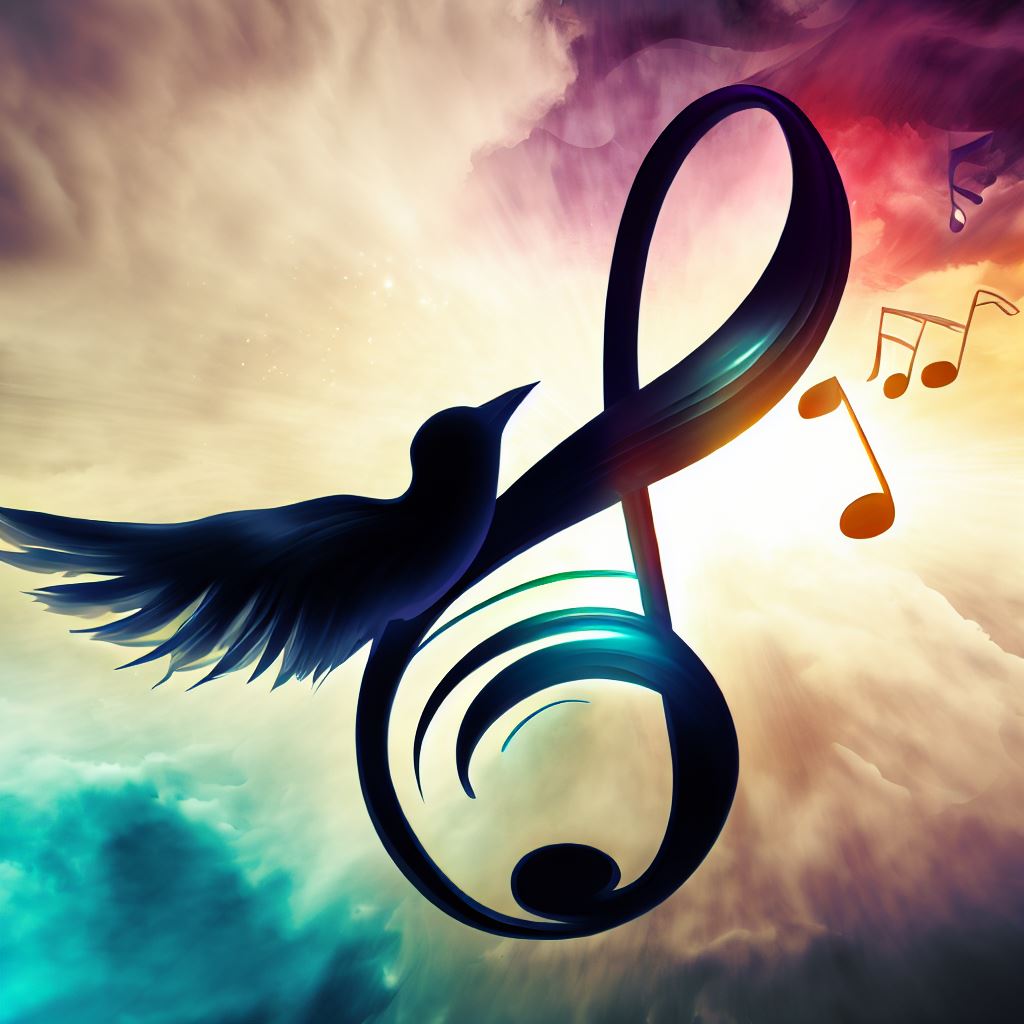 Create an image of a music note shaped like a bird soaring through the sky