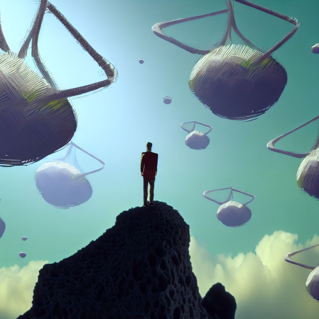 Create a surreal image of a web connecting floating islands in the sky.