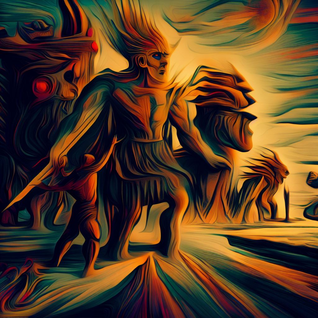 Depict a surreal and bold representation of the legendary Epic of Gilgamesh, written in ancient Mesopotamia.