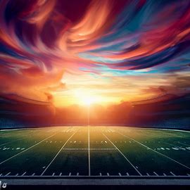 Create an artistic representation of a football field with a stunning sunset in the background.. Image 2 of 4