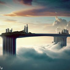 Create a surreal bridge that spans from a city skyline to a floating island in the clouds.