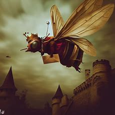 Create an image of a fly dressed in medieval attire, soaring through a castle while carrying a message.