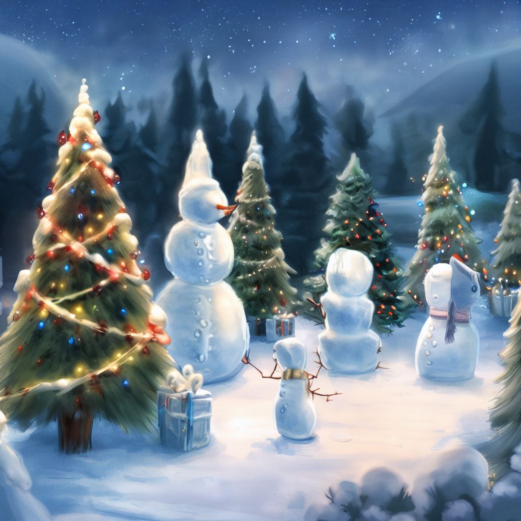 Illustrate a picturesque winter wonderland with homemade decorated Christmas trees and ice sculpture (Maybe snow people)。第 2 个图像，共 4 个图像