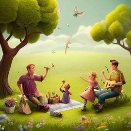 Create a whimsical and joyful scene of a family having a picnic in the countryside.. Image 3 of 4