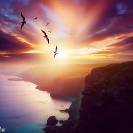 A enchanting sunset over the cliffs of Cornwall, England, with seagulls flying above.. Image 2 of 4