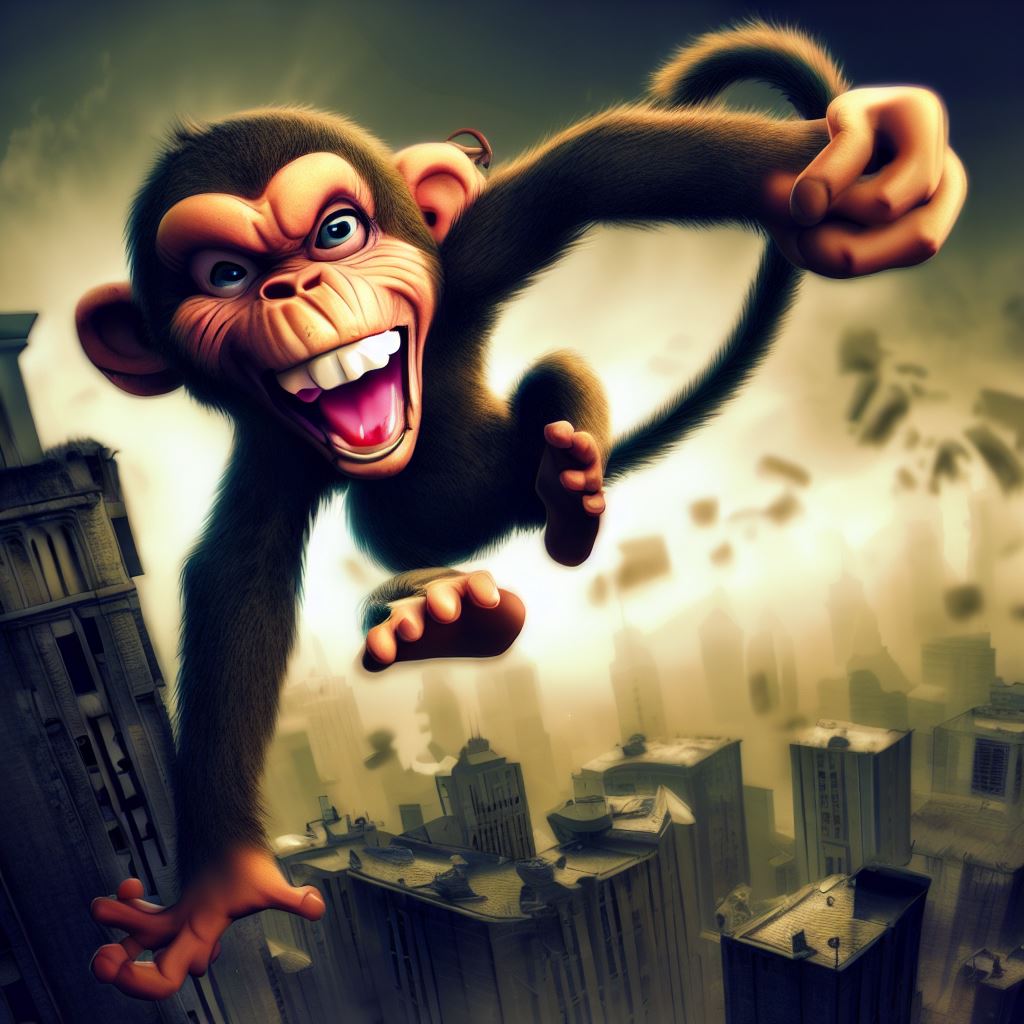 Create an image of a mischievous monkey causing hijinks in a cityscape.。第 2 个图像，共 4 个图像