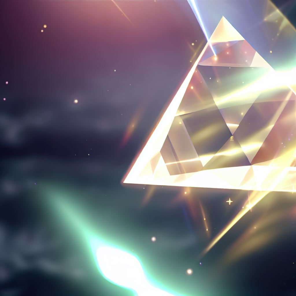 Create an image of a magical, glowing triangular prism floating in the night sky.