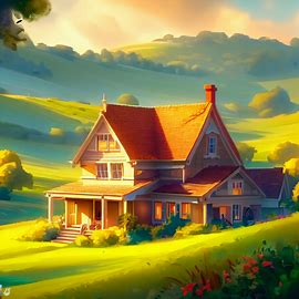 Create a stunning 3D illustration of a warm and inviting farmhouse surrounded by lush green fields and rolling hills.. Image 4 of 4