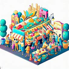 Build a vibrant, interactive image of a bustling street food market, featuring a diverse
