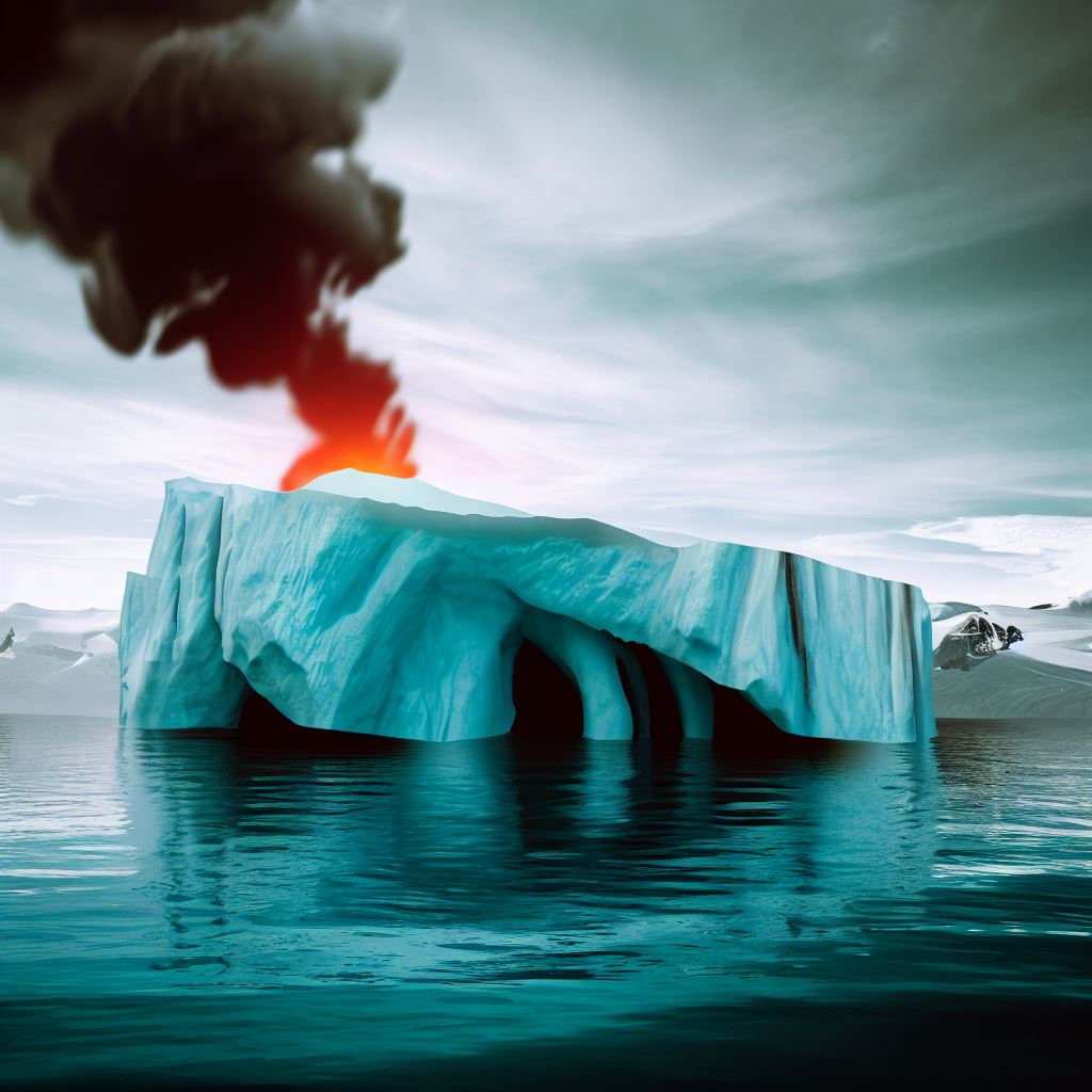 Create a surreal landscape scene where Antarctica is melting