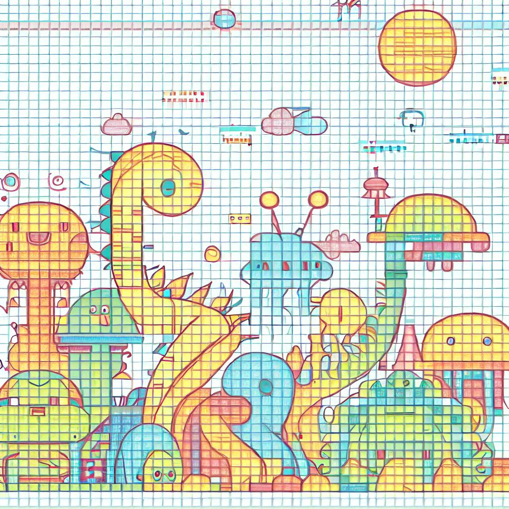 Generate a whimsical and colorful printable graph paper scene featuring creatures from another world