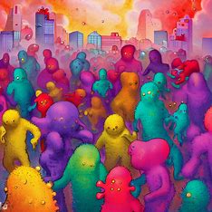 A series of illustrations showing the spread of the measles virus in a densely populated city, with people becoming infected and turning into colorful, cartoonish measles monsters.