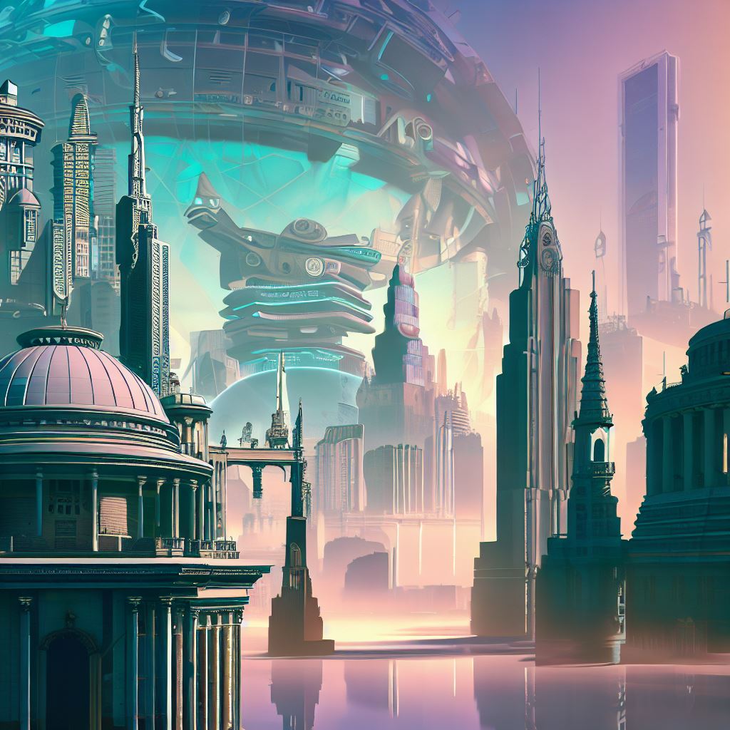 Imagine a futuristic cityscape that incorporates iconic architectural styles from different continents.