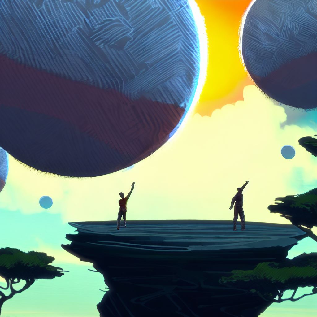 Draw a surreal landscape featuring a game of basketball played between floating islands and a glowing sun.。第 4 个图像，共 4 个图像