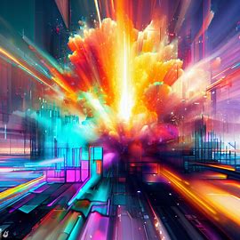 Illustrate a futuristic cityscape exploding with vibrant colors and a giant boom. Image 2 of 4