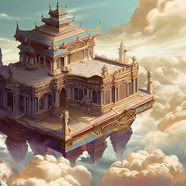 Illustrate a grand and opulent palace floating in the clouds with intricate details and stunning architecture.. Image 3 of 4