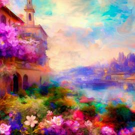 Visualize a dreamlike representation of Florence in the springtime, bursting with lush flora and blooming flowers.. Image 4 of 4