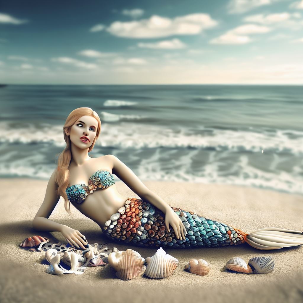Create a surreal beachscape with a mermaid lounging in a swimwear made of seashells.
