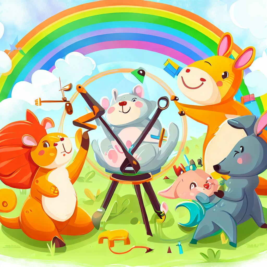 A group of happy cartoon animals playing and exploring with their protractors, surrounded by rainbows and sunshine