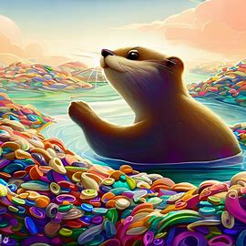 Picture a whimsical otter, swimming in a river filled with piles of colorful candy pieces.. Image 4 of 4