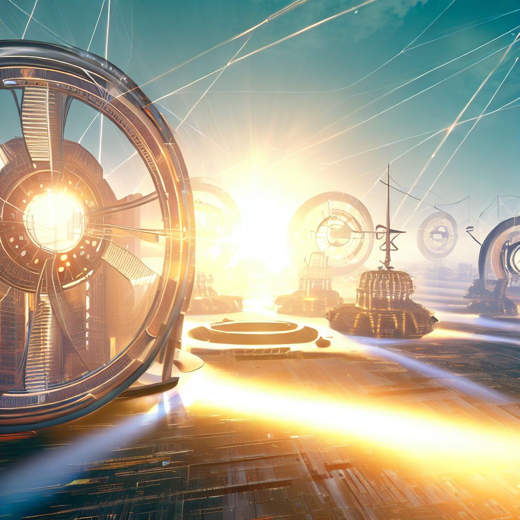 A futuristic cityscape that is powered by protractors harnessing the energy of the sun