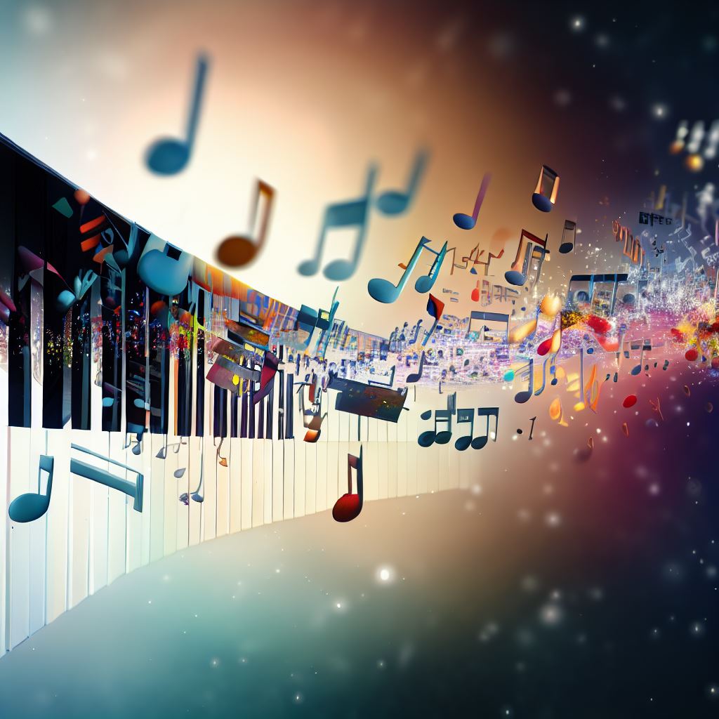 A beautiful image of piano keys made out of different types of music notes that appear to be floating in mid-air.