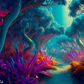 Create a surreal, otherworldly mangrove forest with vibrant flora and fauna.. Image 4 of 4