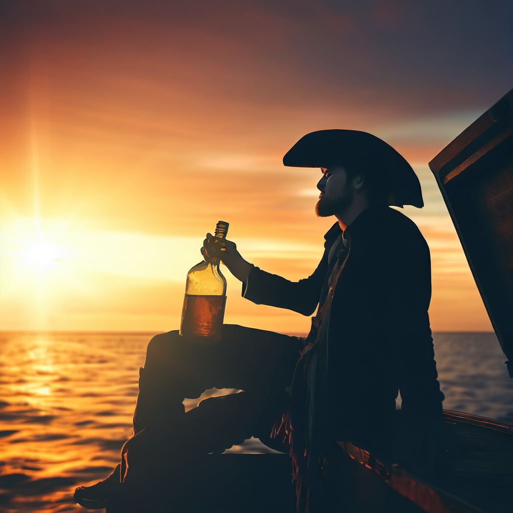 Create an image of a pirate enjoying a bottle of rum while sitting on a treasure chest at sunset.