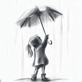 Draw a picture of a child in the rain holding an umbrella. Image 2 of 4