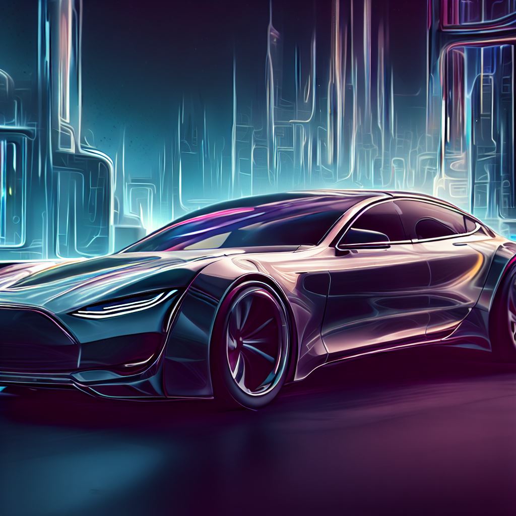 Imagine a stylized version of the Tesla Model S, with elegant curves and sleek lines, set in a futuristic cityscape.。第 4 个图像，共 4 个图像