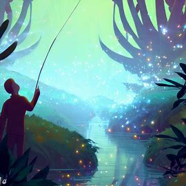 A. "Create an illustration of a fisherman casting their line into an enchanting, glittering stream surrounded by lush greenery. Image 4 of 4