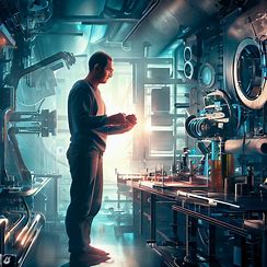 Create an image of an engineer working in a futuristic laboratory surrounded by high-tech equipment