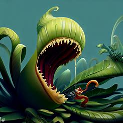 Design an image of a giant carnivorous plant that is devouring a small animal.
