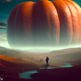 Create a surreal landscape with a giant pumpkin as the centerpiece.. Image 3 of 4
