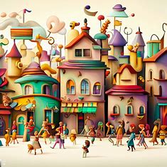 Create a whimsical depiction of a bustling street filled with colorful buildings and characters.