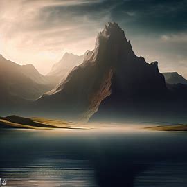 Create an image of a majestic plateau surrounded by water and framed by majestic mountains.. Image 2 of 4