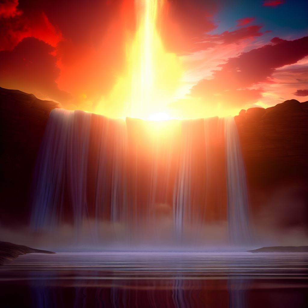 Visualize a dramatic sunset, with a brilliant red and orange sun beaming down behind a heavenly waterfall cascading into a deep, still pool.。第 3 个图像，共 4 个图像