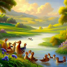 A picturesque scene in which a vibrant chorus of ducks sing a charming melody amidst the rolling fields and streams of a lush countryside.