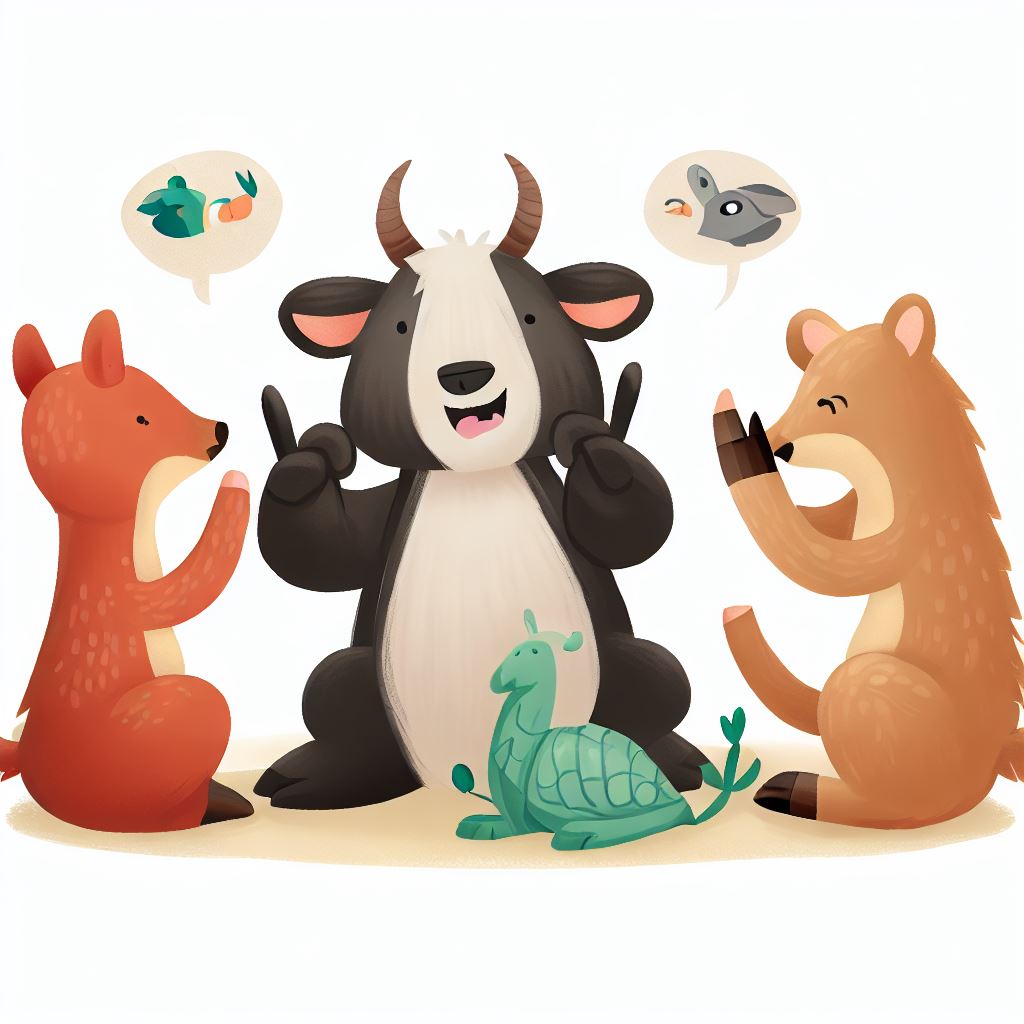 Make an illustration showing a group of animals communicating using the ASL alphabet.