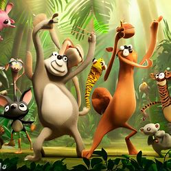 Make an image of a group of silly animals having a dance party in a jungle scene.