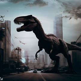 Create an image of a dinosaur in the middle of the city. Image 1 of 4