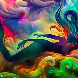 Create a stylized depiction of a mermaid lounging on a bed of vibrant, swirling algae in her underwater kingdom.. Image 2 of 4