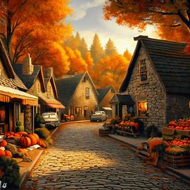 Picture an autumn village with stone cottages, cobblestone streets, and a quaint market full of fall produce.. Image 4 of 4