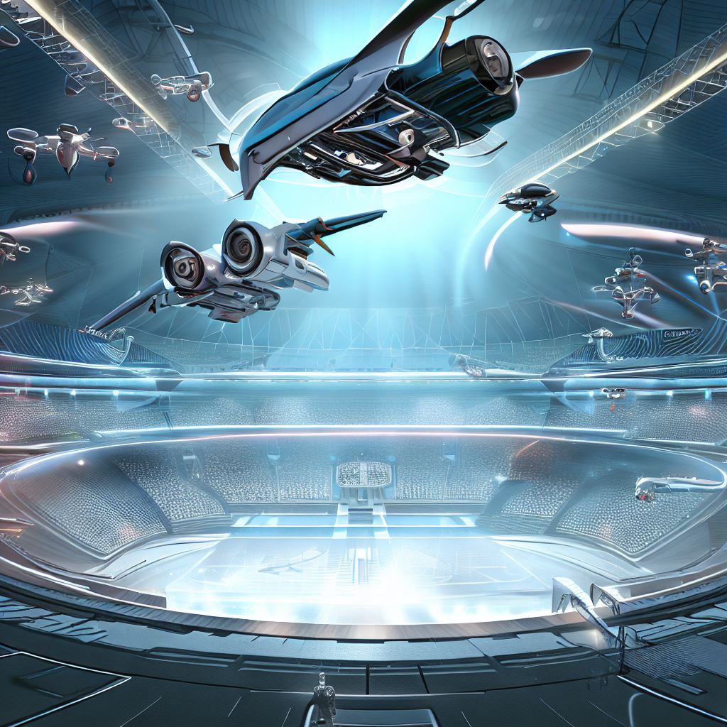 Create an image of a futuristic sports arena filled with high-tech gadgets and sleek design, with flying vehicles soaring above.。第 2 个图像，共 4 个图像