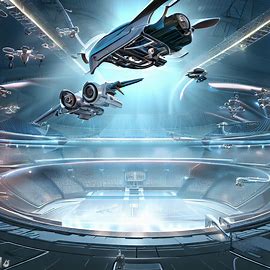 Create an image of a futuristic sports arena filled with high-tech gadgets and sleek design, with flying vehicles soaring above.。第 2 个图像，共 4 个图像