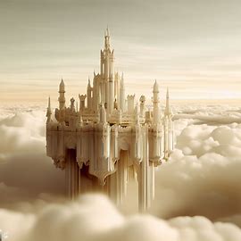 Create a dreamy and intricate ivory castle floating above the clouds. Image 4 of 4