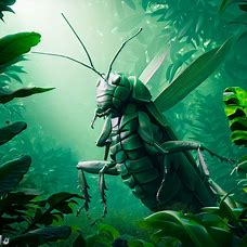 Create an image of a giant locust surrounded by lush greenery.